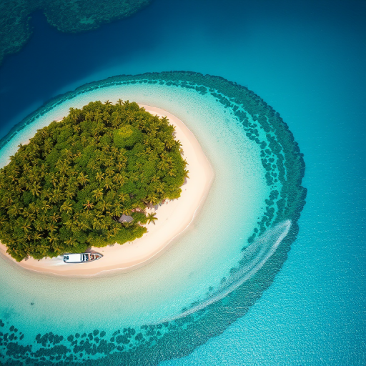 regenerate an aerial view of a tropical island with lush green foliage and a sandy beach, showcasing a boat speeding through the clear blue water, using a DSLR camera with a 24mm lens, aperture f/8, ISO 100, shutter speed 1/250s, in bright daylight for enhanced clarity and vibrancy.