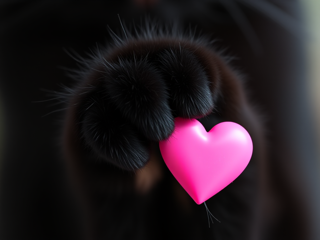 a close-up of a black cat paw holding a bright pink heart in a minimalistic style, shot with a 50mm lens at f/2.8, ISO 100, in natural light, using a DSLR camera with a shallow depth of field for softness around the edges