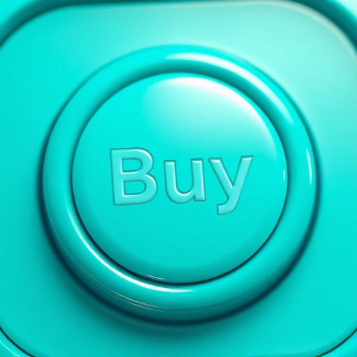 Create an image of a glossy, turquoise button with a raised "Buy" text in the center, shot with a Canon EOS R5 at f/2.8, ISO 100, 50mm lens, in a soft light setup, using a close-up view.