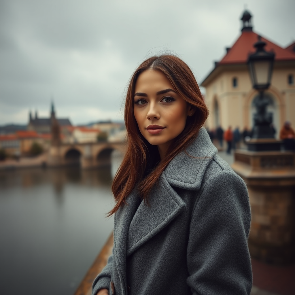 cinematic photo from above, waist up shot, sharp focus, a beautiful woman in foreground, in Prague, at the Charles Bridge, river in background, overcast rainy day, wearing long grey wool coat, warm rich color palette