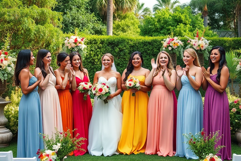 Capture a vibrant outdoor wedding scene with a diverse group of bridesmaids in colorful dresses, smiling and cheering, surrounded by lush greenery and floral arrangements, using a Canon EOS R5, 35mm lens, aperture f/2.8, ISO 200, with a soft focus on the background for depth.