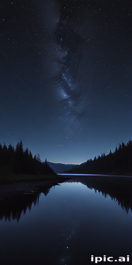 Starlit Night Sky Reflected on Calm Lake Surrounded by Dark Forest