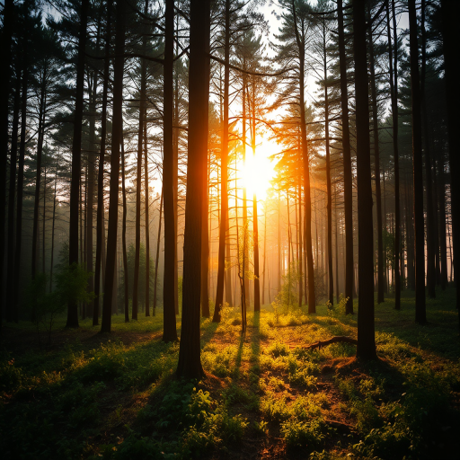 Generate an image of a serene forest landscape during sunrise with soft light filtering through the trees, captured with a Canon EOS R5 at f/4, ISO 100, 1/60 sec, wide-angle view, in a vibrant color style.