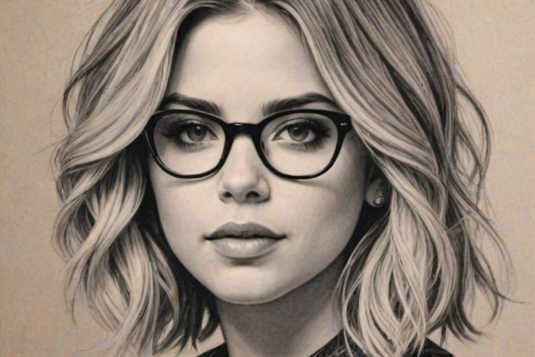Fascinating Ashley Benson, pencil sketch, portrait of Gorgeous woman 1924s in glasses, hair style beatnik, outline, clear lines, fine lines, 8k
