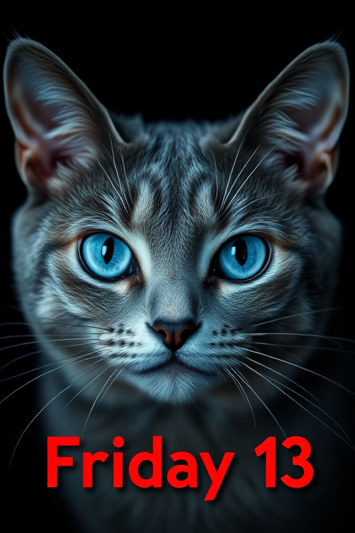 Create a close-up of a gray cat with glowing blue eyes against a dark background, enhance with dramatic lighting to highlight facial features, use a DSLR camera with a 50mm lens, aperture set to f/1.8, ISO 100, and shutter speed at 1/200s, apply a moody shadow effect and include stylized text reading "Friday 13" in bold red font.