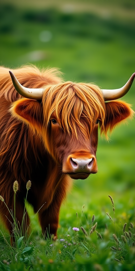 Highland cow with long red hair in a lush green landscape, soft focus background, natural lighting, shot with a Canon EOS R5, 85mm lens, f/2.8 aperture, ISO 100, shallow depth of field.