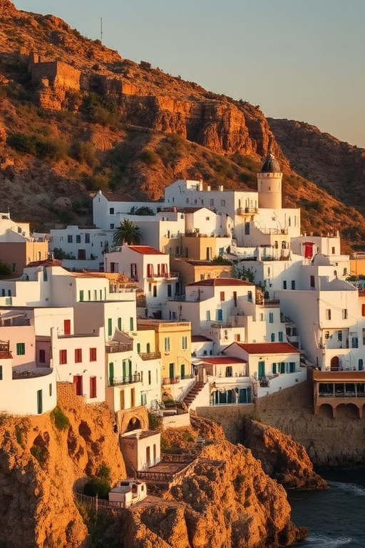 Regenerate an image of a coastal town with whitewashed buildings and rocky cliffs, taken at golden hour with a Canon EOS R camera, 35mm lens, f/8 aperture, ISO 100, and a slight vignette effect for enhanced contrast.
