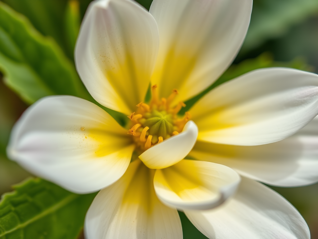 Regenerate the image of a stylized flower with white petals, a yellow center, and green leaves using a DSLR camera at f/8 aperture, ISO 100, 50mm lens, natural light, macro view, and vibrant colors.