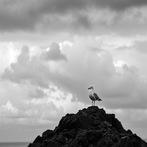 A solitary seagull perched on a rocky outcrop under a dramatic, cloudy sky, captured with a DSLR camera at f/8 aperture, ISO 100, 1/250 sec shutter speed, with a wide-angle lens to emphasize the landscape and contrast in black and white.