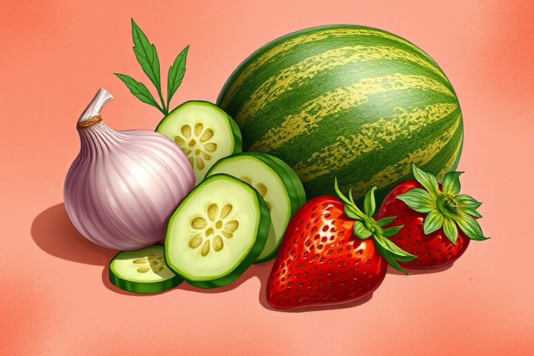 create a vibrant digital illustration of various fruits and vegetables including an onion, cucumber slices, a melon, and a strawberry on a textured coral background with high resolution, 50mm lens, aperture f/2.8, soft focus style, DSLR camera