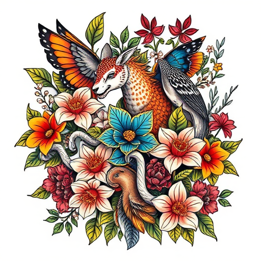 Neotraditional tattoo design known as "Floral Menagerie" combining bold outlines vibrant colors and stylized animals intertwined with lush flowers leaves and vines in a cohesive and eye-catching arrangement