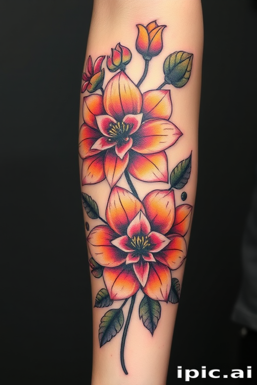 Neo-traditional tattoo style entitled "Floral Reverie" showcasing bold outlines, vibrant color gradients, and stylized flowers with a modern twist, suitable for arm or thigh placement