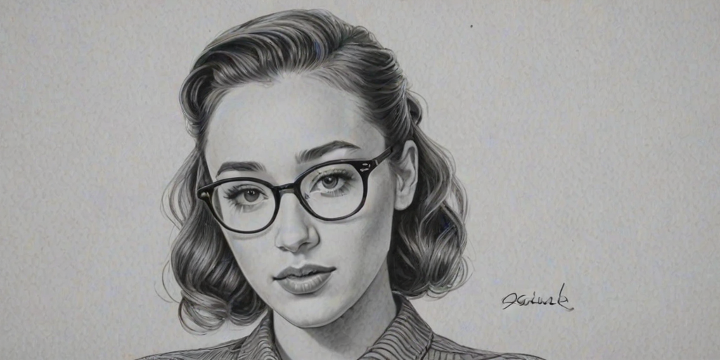 Enchanting Alycia Debnam-Carey, pencil sketch, portrait of Pleasing woman 1950s in glasses, hair style beatnik, outline, clear lines, fine lines, 8k