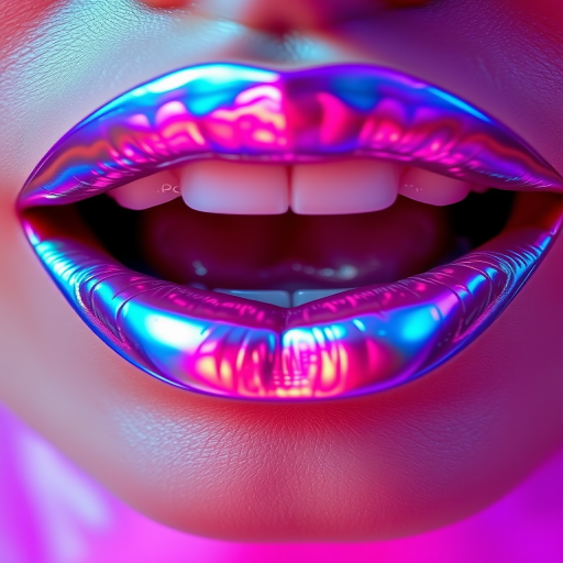 Holographic iridescent lips shine with otherworldly beauty in the "Prismatic Dream" style, showcasing a kaleidoscope of shifting colors that range from cool blues to warm pinks, depending on the angle and lighting, creating a mesmerizing and futuristic lip look that's perfect for avant-garde fashion events or editorial photoshoots