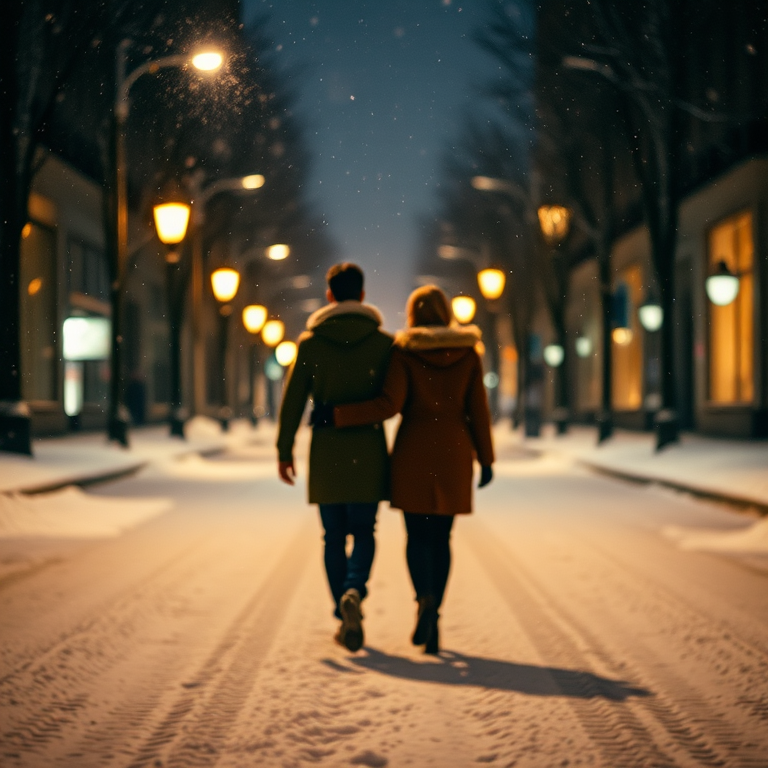 Blurry, candid shot of a couple walking hand-in-hand through a snow-covered street at night, soft glow from streetlights illuminating their path, snowflakes gently falling around them, the sound of soft footsteps crunching in the snow.