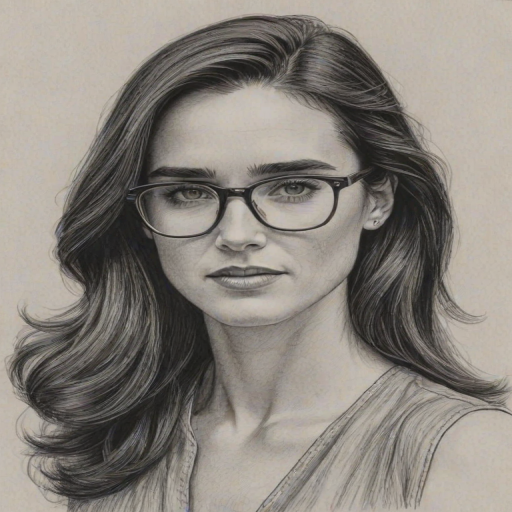 Beauteous Jennifer Connelly, pencil sketch, portrait of Resplendent woman 1979s in glasses, hair style beatnik, outline, clear lines, fine lines, 8k