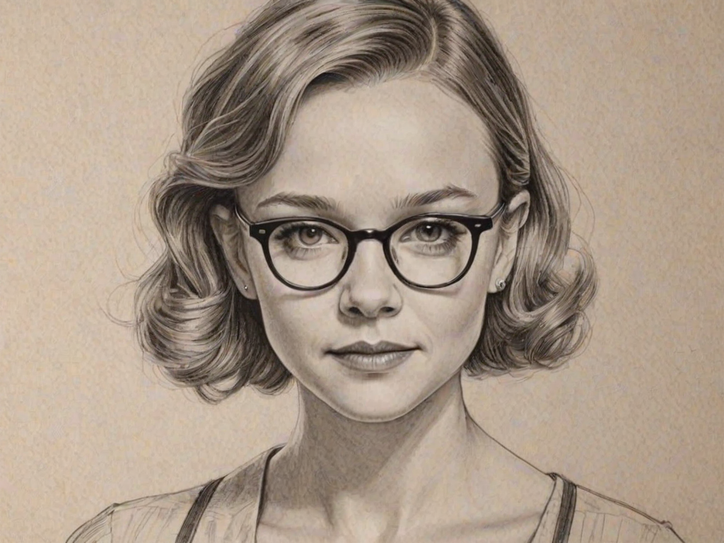 Ravishing Carey Mulligan, pencil sketch, portrait of Bewitching woman 1941s in glasses, hair style beatnik, outline, clear lines, fine lines, 8k