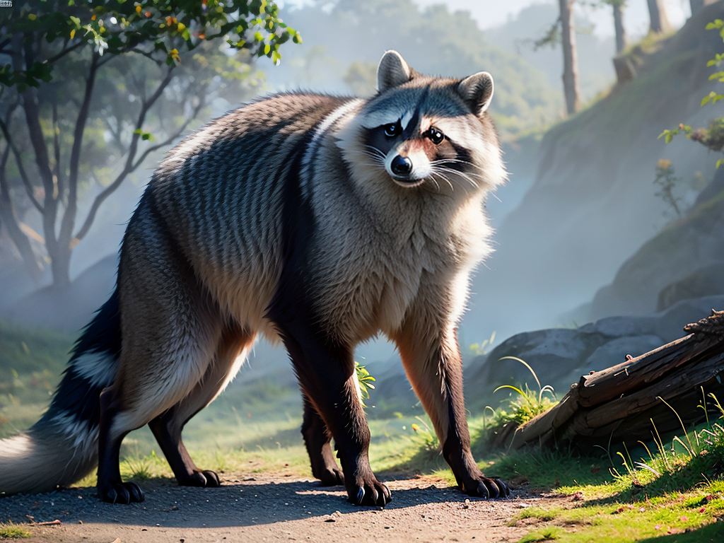 male raccoon with grey fur, standing on his hindlegs with a blue gem in ...