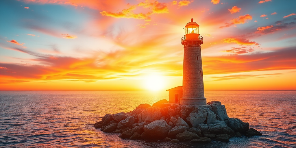 Generate an image of a tall lighthouse perched on a rocky outcrop surrounded by calm ocean waters during a breathtaking sunset. The lighthouse stands sturdy and weathered, its stone surface illuminated by the warm golden light of the setting sun. The sun's rays pass directly through the glass lantern room at the top of the lighthouse, casting a brilliant light across the scene. The sky is painted with vibrant shades of orange, pink, and purple, reflecting off the tranquil sea. The surrounding water shimmers with the same warm hues, creating a serene and majestic atmosphere.