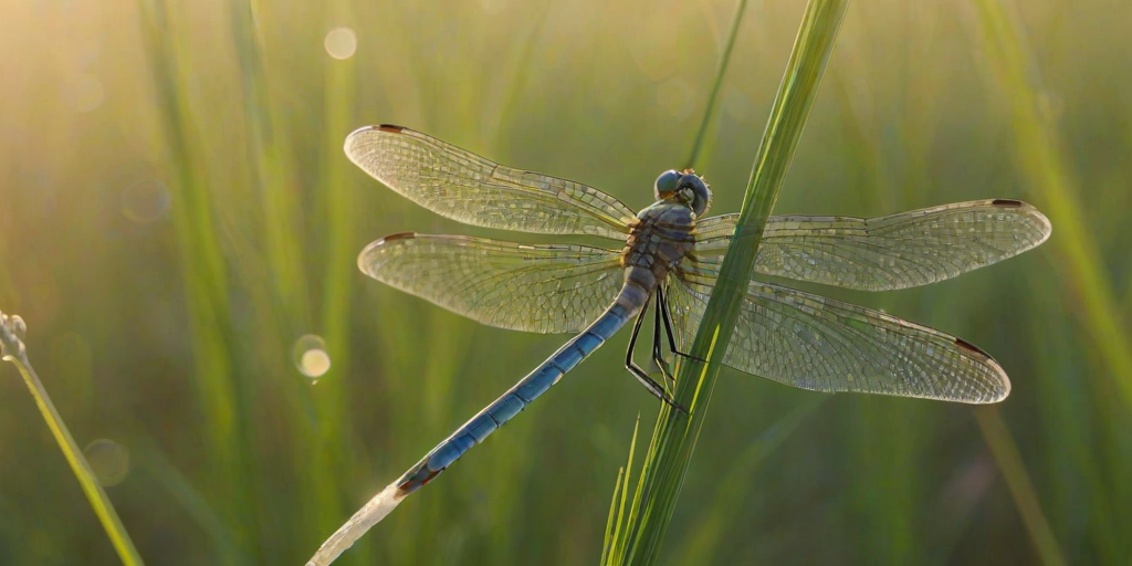 Softly focused close-up of a dragonfly resting on a blade of grass at dawn, soft morning light catching the delicate wings, with vibrant green and blue hues in the background blending into a peaceful atmosphere.