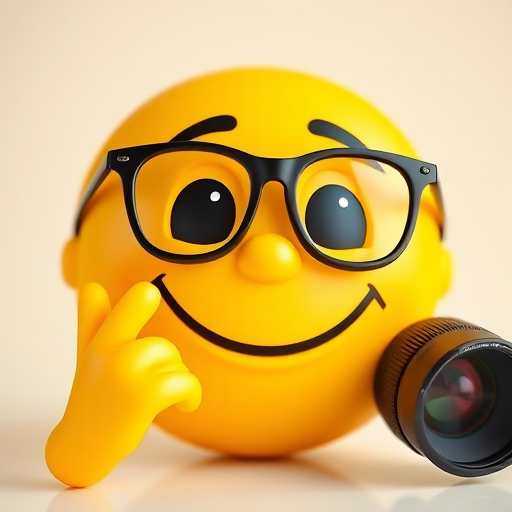 Create a high-resolution image of a smiling yellow emoji with glasses, making a thoughtful gesture; use a DSLR camera with a 50mm lens, f/2.8 aperture, ISO 100, and 1/200s shutter speed, in a bright studio setting with a soft focus background.