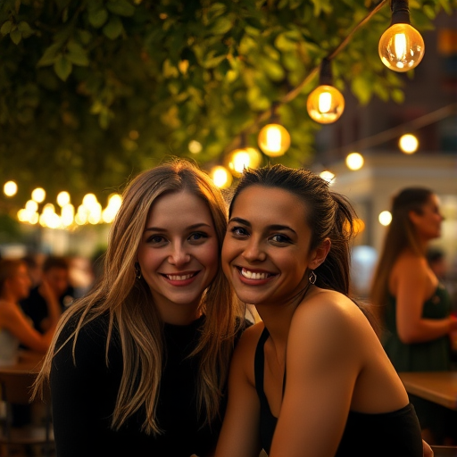 In a candid medium shot taken at an outdoor cafeduring the evening, two young women are seated close together, smiling at the camera amidst a lively social setting. The color palette is composed of warm yellow lights and dark shadows, creating a cozy and intimate atmosphere. The woman on the left has long blonde hair, loosely styled, and wears a black top, while the woman on the right has her dark hair pulled back and wears a black sleeveless top. The lighting is ambient, coming from strings of lights hanging overhead and casting a warm glow over the subjects. There is noticeable grain due to the low-light condition, and some mild motion blur from the other guests moving around in the background, which slightly detracts from the clarity of the image. The setting features lush green foliage above, strings of glowing bulbs, and blurred figures of other patrons, contributing to the bustling, relaxed evening environment