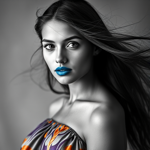 Photographic image of a beautiful young Guarani woman, white eyes, lips with cyan lipstick, long hair fluttering in the wind and wearing a silk strapless dress with a soft purple and orange print. monochrome image with only color highlights in the iris of the eyes, lipstick and dress. Gray background.