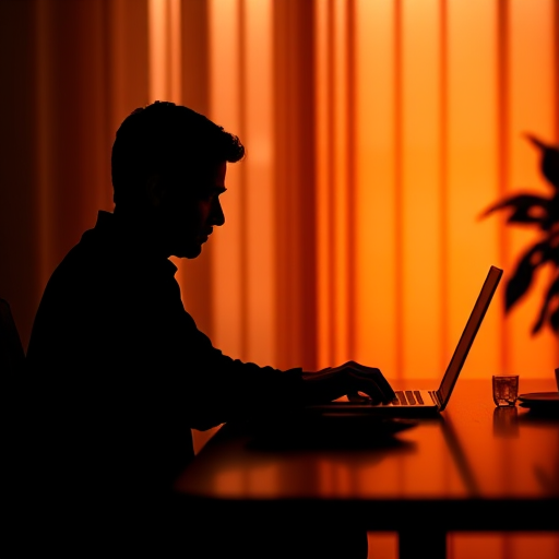 Create a high-contrast silhouette of a person sitting at a desk using a laptop, with a warm glow from the screen illuminating the face, taken with a DSLR camera at f/2.8 aperture, 50mm lens, ISO 100, with a shallow depth of field to enhance the focus on the figure.