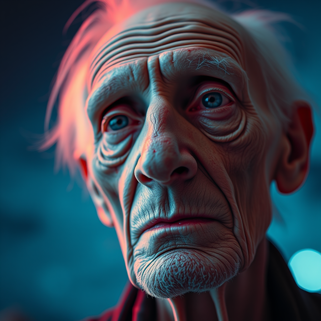 create a close-up perspective view fine art photography contemporary style of an elderly worn albino’s face with a soft, candid expression on a blurred sky black light background. Showcasing a modern style characterized by vibrant blacklight tones, using dramatic lighting and soft gradients to create a fine art atmosphere. The focus is on the light and facial features. motion light blur, neon backlit