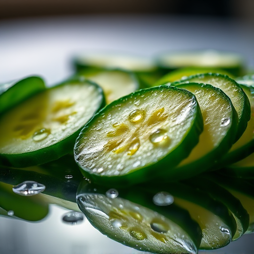 sliced cucumbers with water droplets on a reflective surface, low angle view, macro photography, DSLR camera, f/2.8 aperture, 1/125 sec shutter speed, ISO 100, soft focus background, dramatic lighting