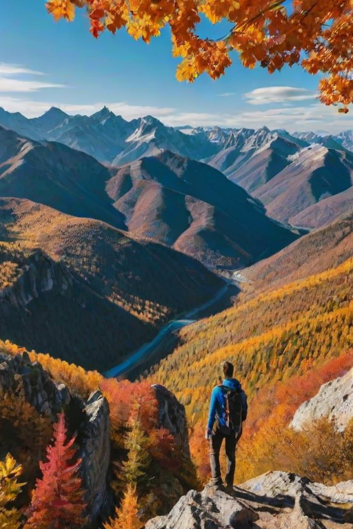Dramatic mountain range during autumn, with colorful foliage and a clear blue sky, a hiker pausing to take in the breathtaking view.