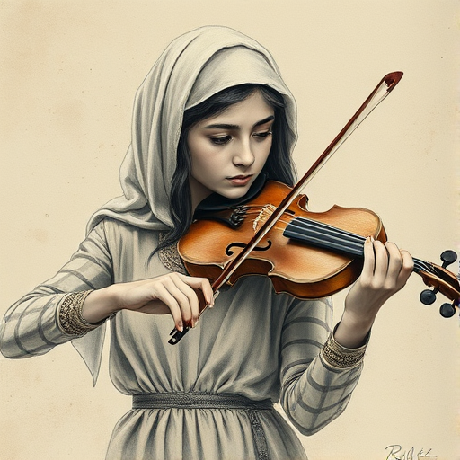 a young Middle Eastern woman with a white headband playing a violin, in the style of a charcoal drawing, sepia grunge background