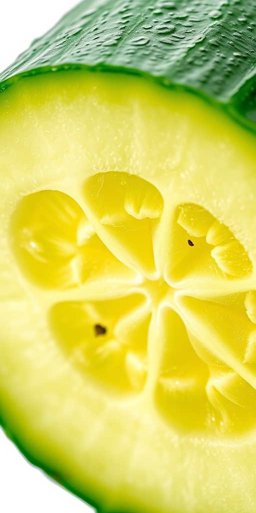 Create a high-resolution 3D rendering of a sliced cucumber, showcasing vibrant green colors and detailed texture, captured with a Canon EOS 5D Mark IV, 50mm lens, f/2.8 aperture, ISO 100, using a macro photography style for enhanced detail.