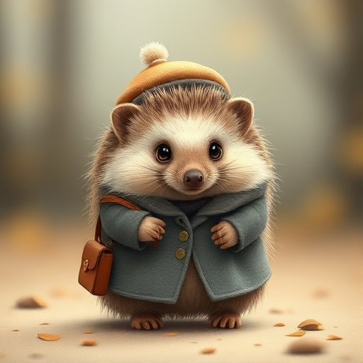 Create a detailed illustration of a cute hedgehog dressed in a vintage style coat and hat, carrying a small bag, standing in a portrait view, using a soft focus lens with a shallow depth of field to create a dreamy effect, shot with a DSLR camera at f/2.8, ISO 100, and a shutter speed of 1/125 sec.