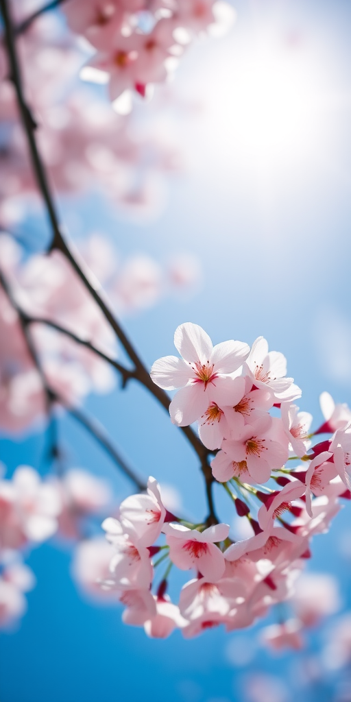 Cherry blossoms in full bloom against a bright blue sky, soft focus background, macro view, shallow depth of field, f/2.8 aperture, 50mm lens, ISO 200, natural light, DSLR camera