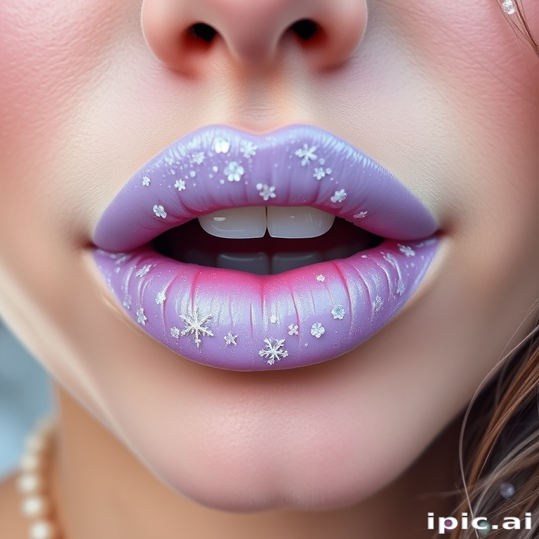 Frosted lavender lips with a pearlescent sheen, reminiscent of winter frost, creating a delicate and ethereal look for a fairy-tale inspired costume