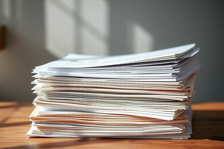 Create a high-resolution image of three stacks of papers, with soft natural lighting, shot with a Canon EOS R5 at f/4, ISO 100, 1/200 sec, using a 24-70mm lens from a slightly elevated angle to emphasize depth and texture.