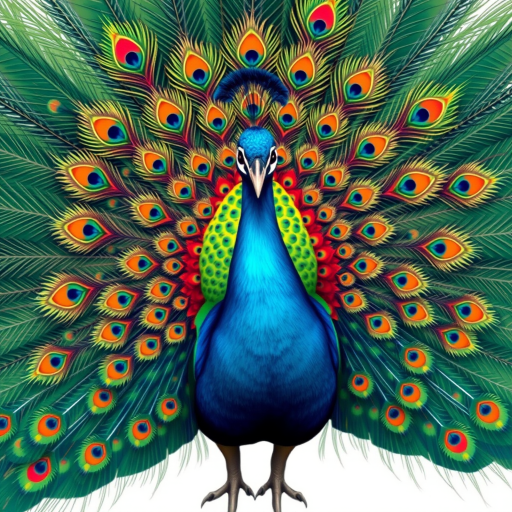 Create a vibrant and colorful illustration of a peacock with an elaborate, swirling feather display, using a high-resolution digital illustration technique with a 50mm lens, aperture f/2.8, ISO 100, and a front view perspective to enhance image quality.