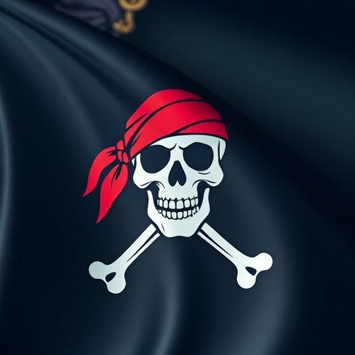 Create a high-resolution image of a classic pirate flag featuring a skull with a red bandana and crossed bones, using a DSLR camera at f/8 aperture, ISO 100, 1/200 sec shutter speed, taken from a slightly elevated angle with a shallow depth of field to enhance clarity and color vibrancy.