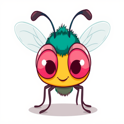 Create a vibrant cartoon illustration of a relaxed cartoon fly with oversized pink eyes and a playful pose, set against a simple background, using a DSLR camera at f/4.0 aperture, 50mm lens, 1/200 sec shutter speed, ISO 100, natural lighting for enhanced clarity and detail.