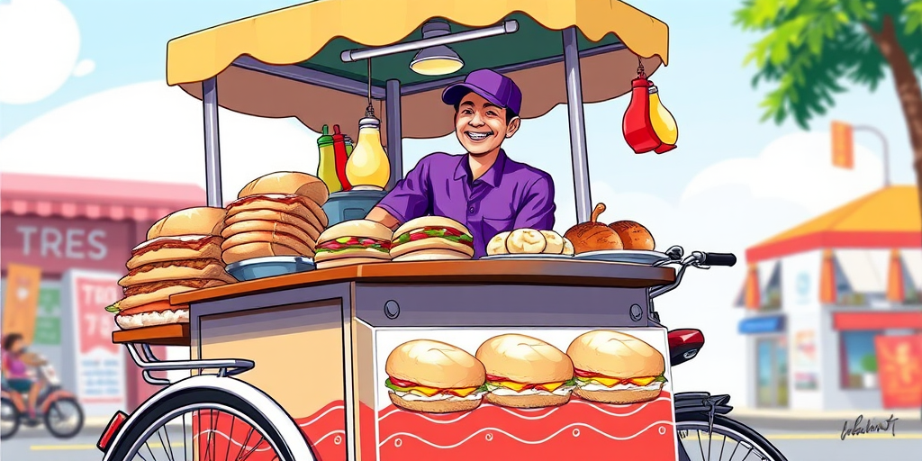 Create a vibrant and colorful illustration of a food cart on a bicycle, focusing on a smiling vendor wearing a purple shirt and cap, with an assortment of sandwiches and pastries displayed prominently, captured in high-resolution with a 50mm lens at f/2.8, with natural light to enhance the colors and details, using a digital art style.