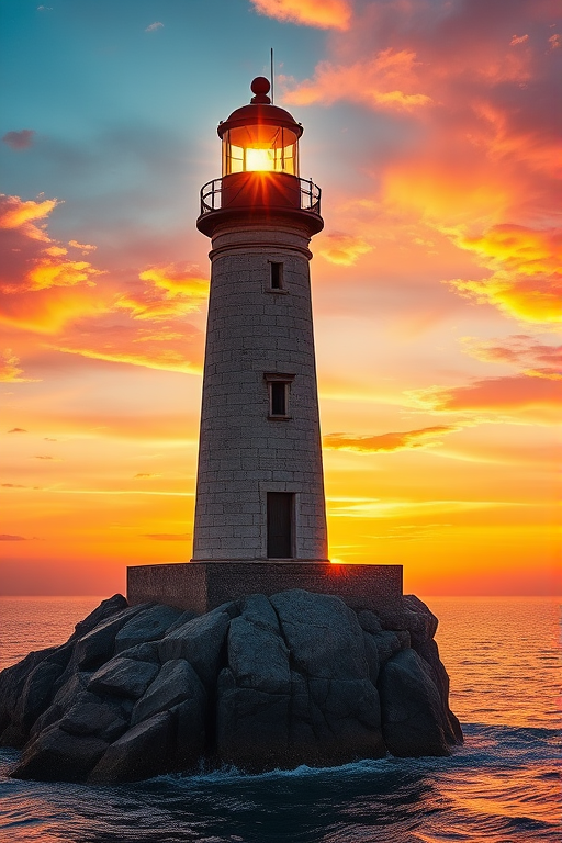 Generate an image of a tall lighthouse perched on a rocky outcrop surrounded by calm ocean waters during a breathtaking sunset. The lighthouse stands sturdy and weathered, its stone surface illuminated by the warm golden light of the setting sun. The sun's rays pass directly through the glass lantern room at the top of the lighthouse, casting a brilliant light across the scene. The sky is painted with vibrant shades of orange, pink, and purple, reflecting off the tranquil sea. The surrounding water shimmers with the same warm hues, creating a serene and majestic atmosphere.
