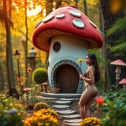 fantasy forest scene with a whimsical mushroom house, a young woman in a bikini holding a flower, vibrant colors, soft focus, high dynamic range, DSLR camera, 50mm lens, f/2.8 aperture, ISO 100, golden hour lighting, shallow depth of field, ethereal atmosphere, enhanced details in flora and fauna
