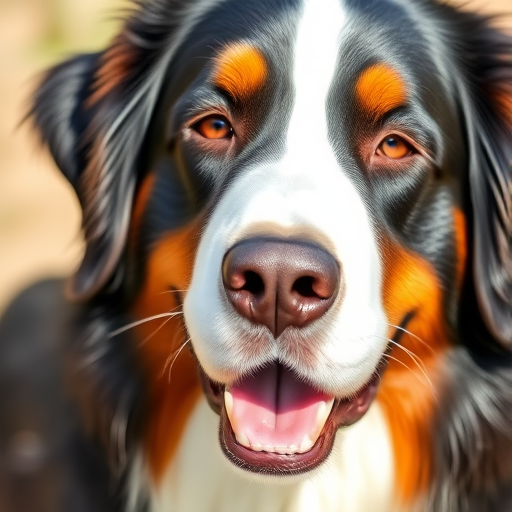 A high-resolution portrait of a Bernese Mountain Dog with a focus on its expressive face and shiny coat, captured in natural daylight using a DSLR camera with a 50mm lens, aperture set to f/1.8, ISO 100, and a slight vignette effect to enhance depth.