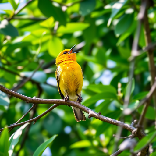 A vibrant yellow bird singing on a tree branch surrounded by lush green foliage, captured with a DSLR camera, 50mm lens, aperture f/2.8, shutter speed 1/500s, ISO 100, natural lighting, shallow depth of field.