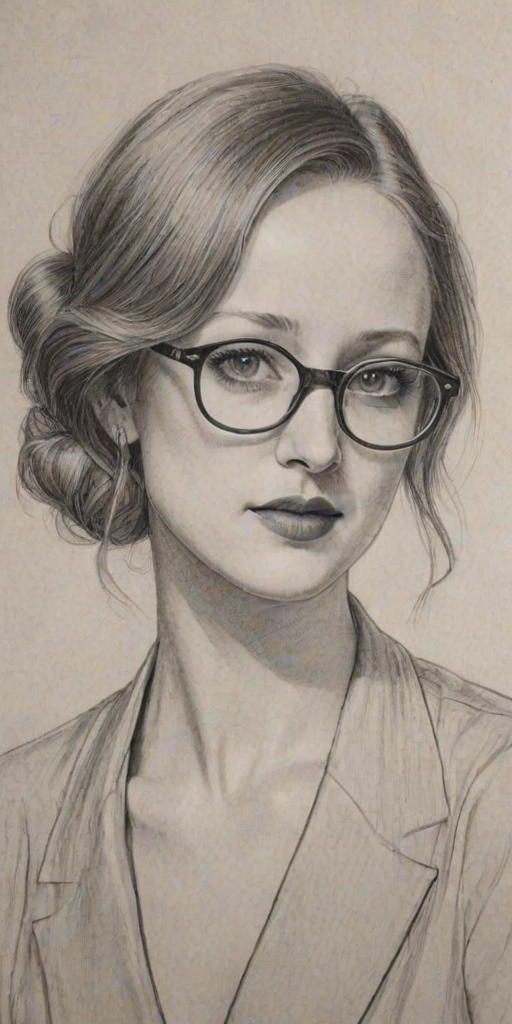 Wonderful Andrea Riseborough, pencil sketch, portrait of Elegant woman 1927s in glasses, hair style beatnik, outline, clear lines, fine lines, 8k