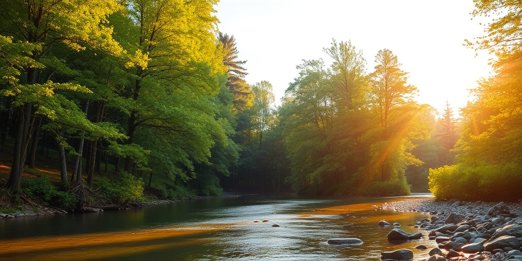 Create an image of a serene, sunlit forest scene with a clear, gently flowing river. Tall trees with lush green foliage line both sides of the river, their leaves bathed in the warm golden light of the setting or rising sun. The sunlight filters through the trees, casting soft, dappled light on the river, which flows over smooth rocks and pebbles, creating a peaceful, natural atmosphere. The sky is bright with a few scattered clouds, and the overall mood is tranquil, evoking a deep sense of connection with nature. The image captures the beauty of a calm, pristine forest landscape at either dawn or dusk.