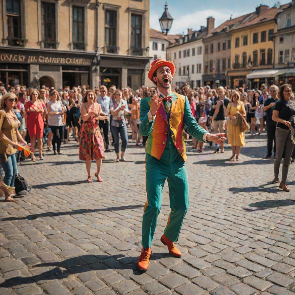 Blurry action shot of a lively street performance in a bustling city square, with a juggler in colorful attire entertaining a captivated audience, the sun casting dynamic shadows on the cobblestones.