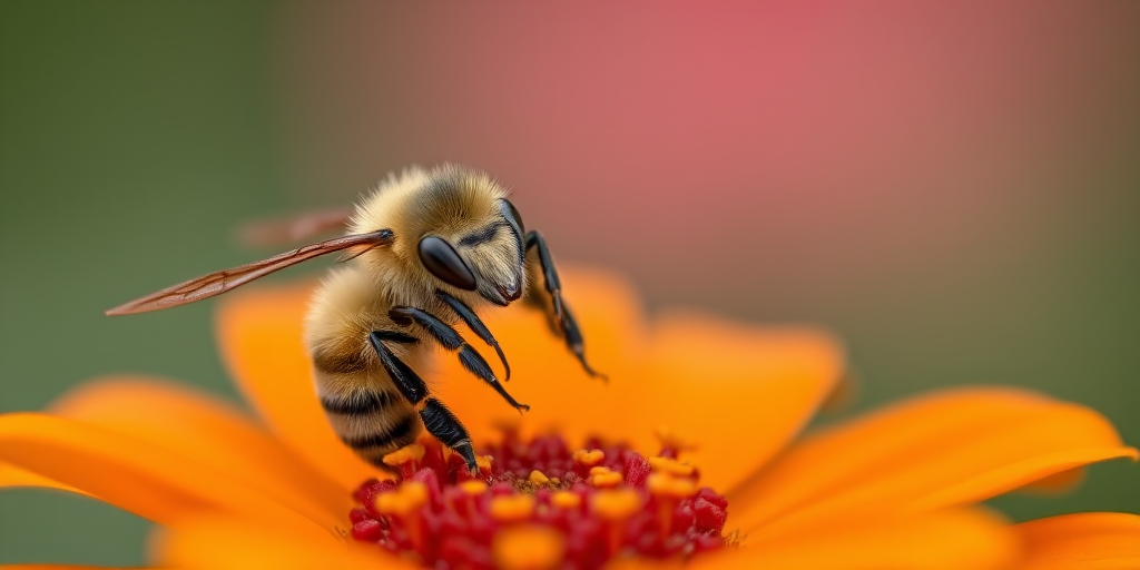 close-up of a bee on an orange flower with yellow petals, shallow depth of field, natural light, macro lens, f/2.8, ISO 200, 1/250 sec, Nikon D850, 105mm macro lens, vibrant colors, clear focus on bee and flower details