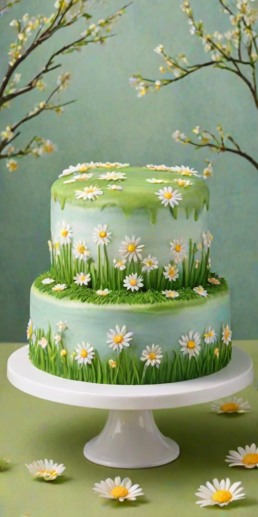 Create an image of a round cake decorated with hand-painted flowers and a grassy landscape. The cake should have a soft pastel color palette, featuring white daisies, yellow blossoms, and green grass. The background should include subtle trees and a cloudy sky, giving a serene, nature-inspired feel to the overall design.
